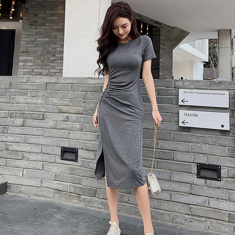 Modal Dress Women's Summer Slit Slim Slim Short Sleeve Over The Knee Mid-length Dress