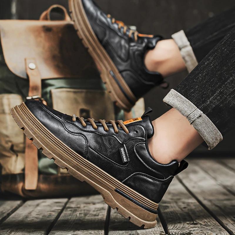 Мужская повседневная обувь Всепогодная мужская спортивная обувь Дышащая износостойкая мужская обувь на платформе Кожаные кроссовки Para Hombre