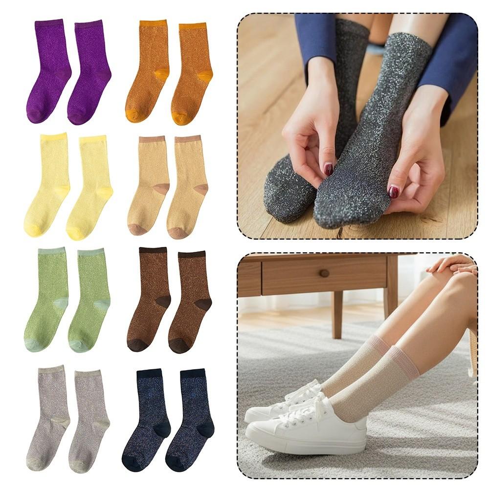 Fashion Metallic Thread Women Socks Shiny Elastic Sport Socks Breathable Soft Crew Socks Daily Wear