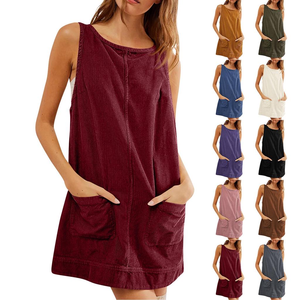 Женское модное вельветовое однотонное платье-сарафан с круглым вырезом и карманами