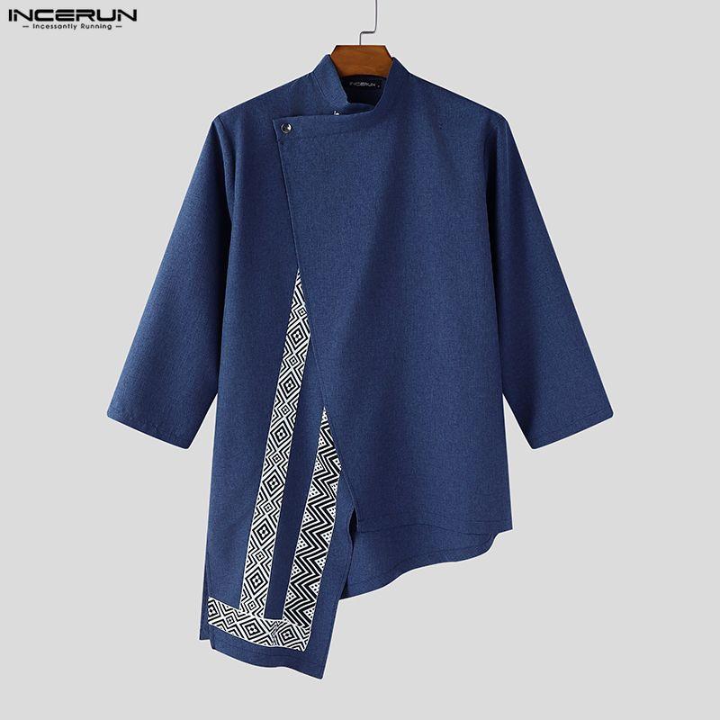 Summer Incerun Men Stand Neck 34 Sleeve Irregular Hem Print Casual Shirts