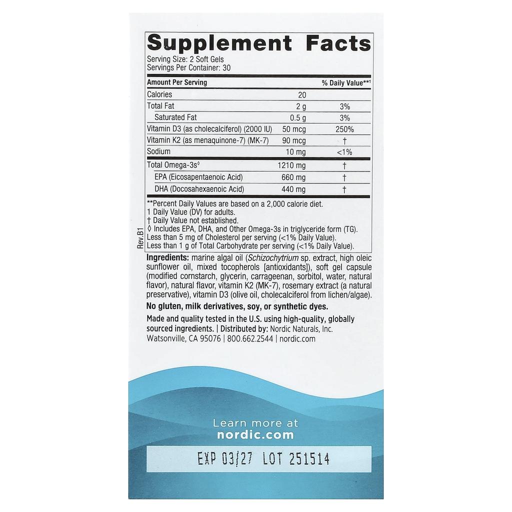 Nordic Naturals Ultimate Omega®, Plant-Based, with D3 + K2, Lemon, 60 Softgels