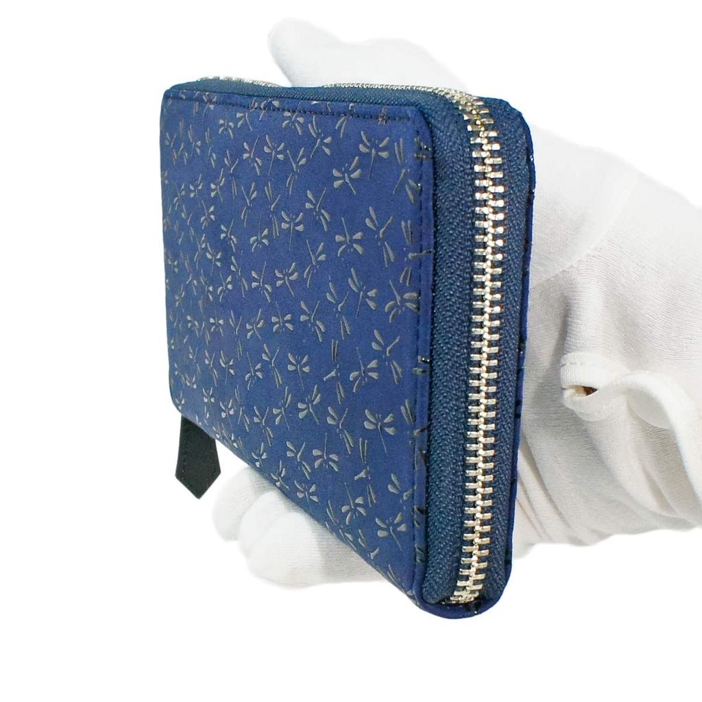 Inden Long Bundle Круглый Темно-синий x Черный Узор Стрекозы [Indenya] Кошелек, Кошелек, Y, Молния, Оленья кожа, Лак, 2111-04-008