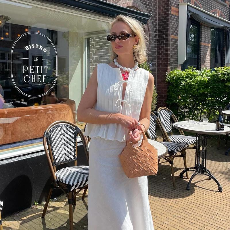 Белый жилет из хлопка и льна, плиссированный короткий топ со шнуровкой, женский, с круглым вырезом, без рукавов, с оборками, топы для отпуска и пляжа, лето