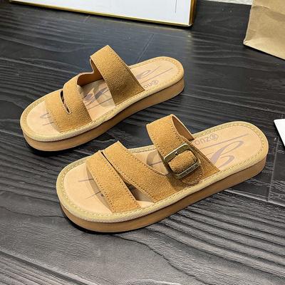 Мода 2025 Женские сандалии на плоской толстой подошве, нескользящие, с одной пряжкой, летние уличные шлепанцы для беременных женщин, для повседневной носки с юбками
