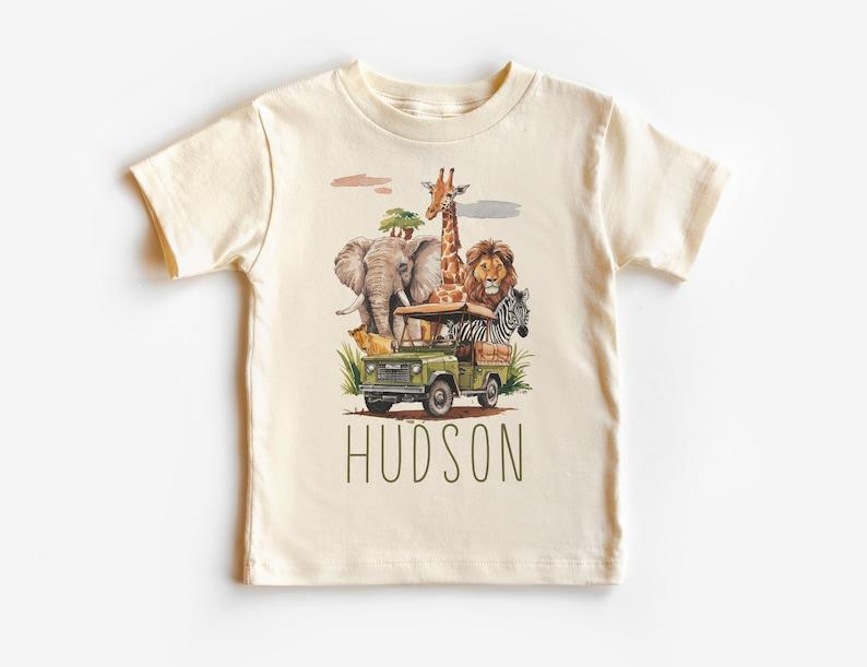 Personalized African Safari Animals & Bush Vehicle Toddler Shirt - Custom Lion, Zebra, Giraffe Kids Name - Toddler Youth Kids Boho Clothing