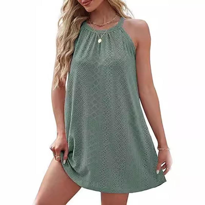 Летние женские платья, топы без рукавов с круглым вырезом и платье с лямкой на бретельках для женщин, жилет, однотонные пляжные платья