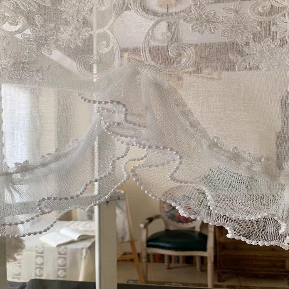 Double Pearls Lace Bottom Beaded Half Yarn Drapes Wavy Edge Floral Short Tulle Drapery Farmhouse