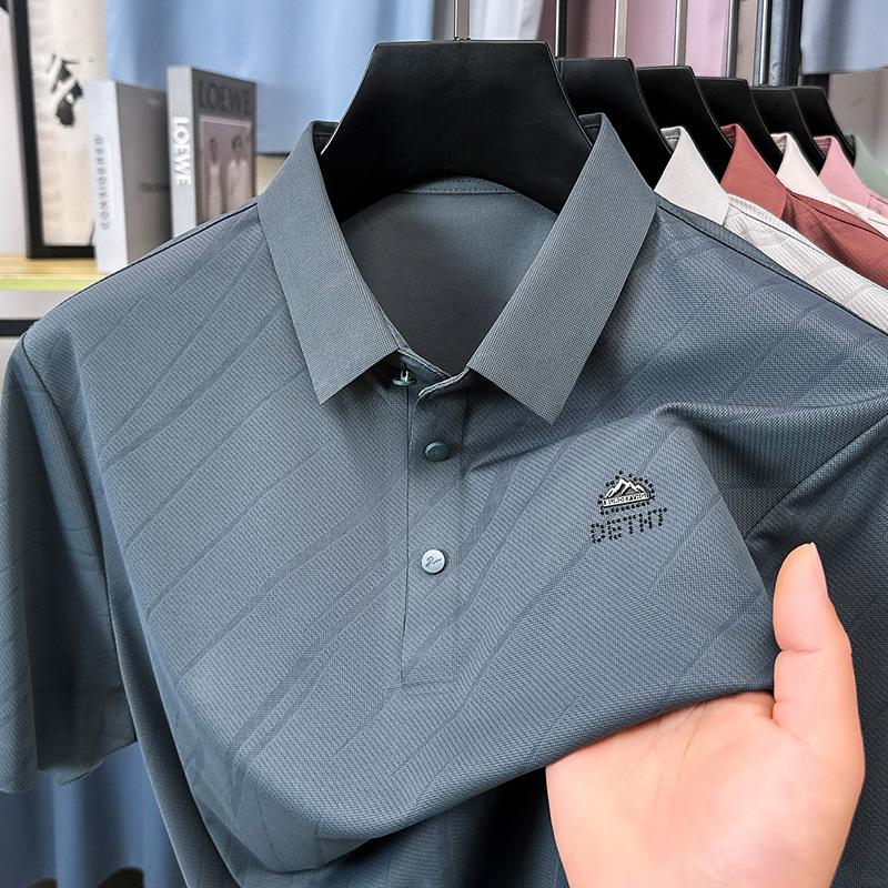 Мужская футболка-пуловер с лацканами из шелка Ice Silk с короткими рукавами, модная рубашка-поло, повседневный топ для отца