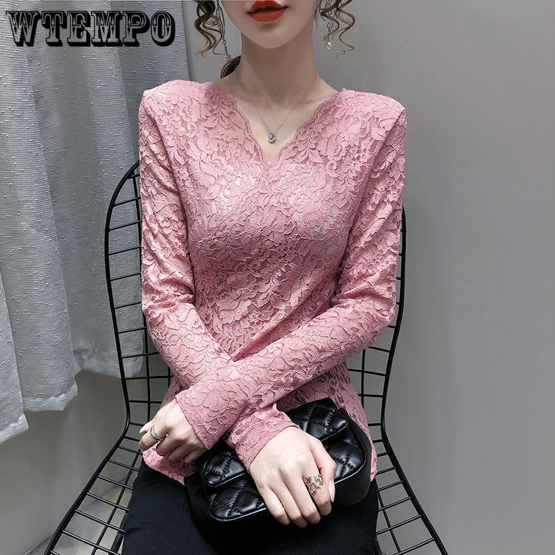 Autumn and Winter Padded Sexy V-neck Long-sleeved Cross Slim Age-reducing Blouse Hundred Lace Bottoming Shirt