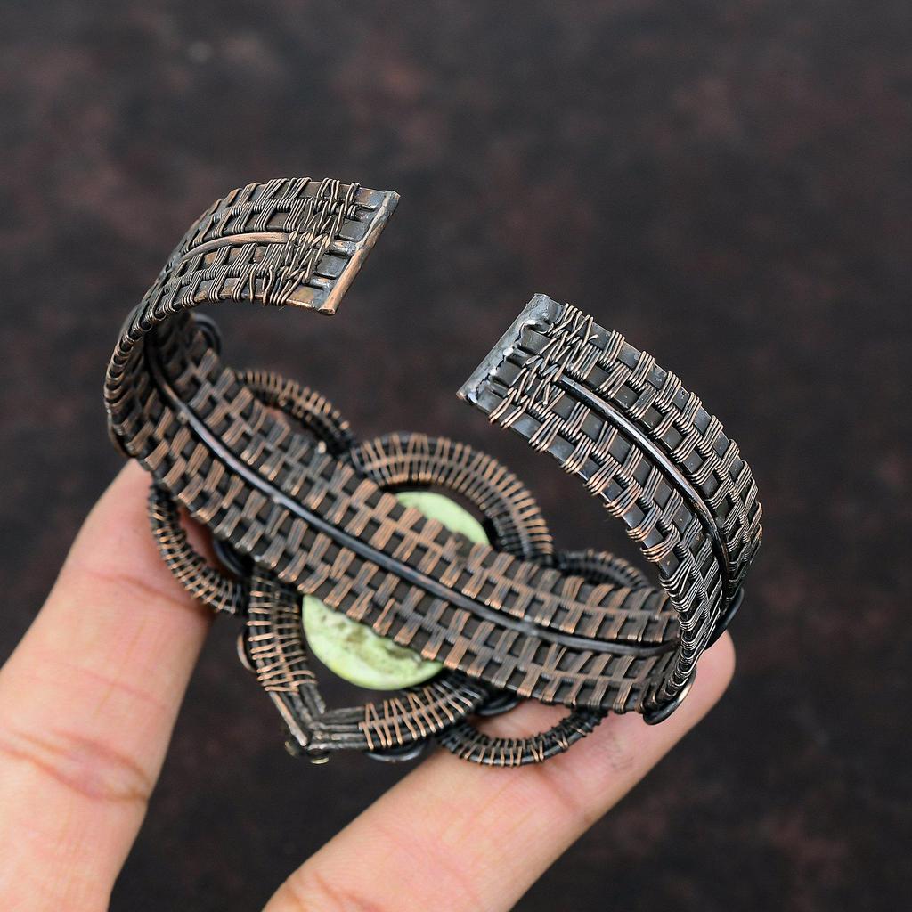 Браслет-манжета с лимонным хризопразом, медная проволока, браслет с драгоценными камнями, регулируемая манжета, браслет ручной работы, медные украшения для подарка, стильный браслет