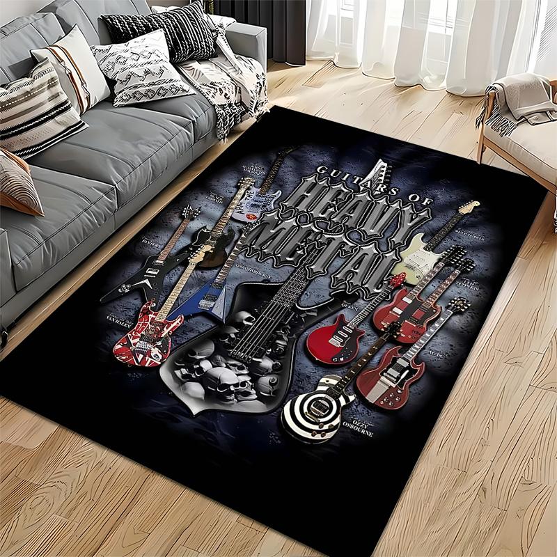 "Guitars of Heavy Metal Rug with Skull Design and Dark Theme" Suitable for use as an anti-slip for living room bedroom sofas