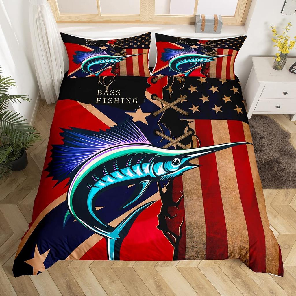 Marlin Swordfish Duvet Cover Set Hunting Fishing Bedding Set Tie Dye Sea Fishing Boat Marine Life Nautical Comforter Cover Queen