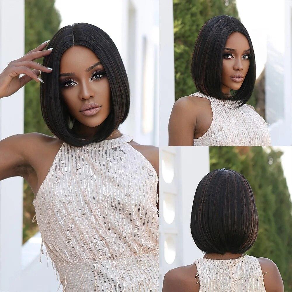 Purple Pink Ombre Black Short Straight Synthetic Wigs with Bangs Bob Wig for Women Daily Cosplay Party Heat Resistant Fake Hairs