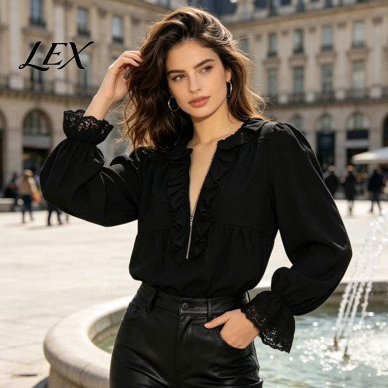 Pleated Design Shirts Women Half Zipper V-Neck Blouse, Bohemian Long Sleeve Ruffle Top, Shirt Solid Color Loose Fit for Spring Fall V Neck Blouse