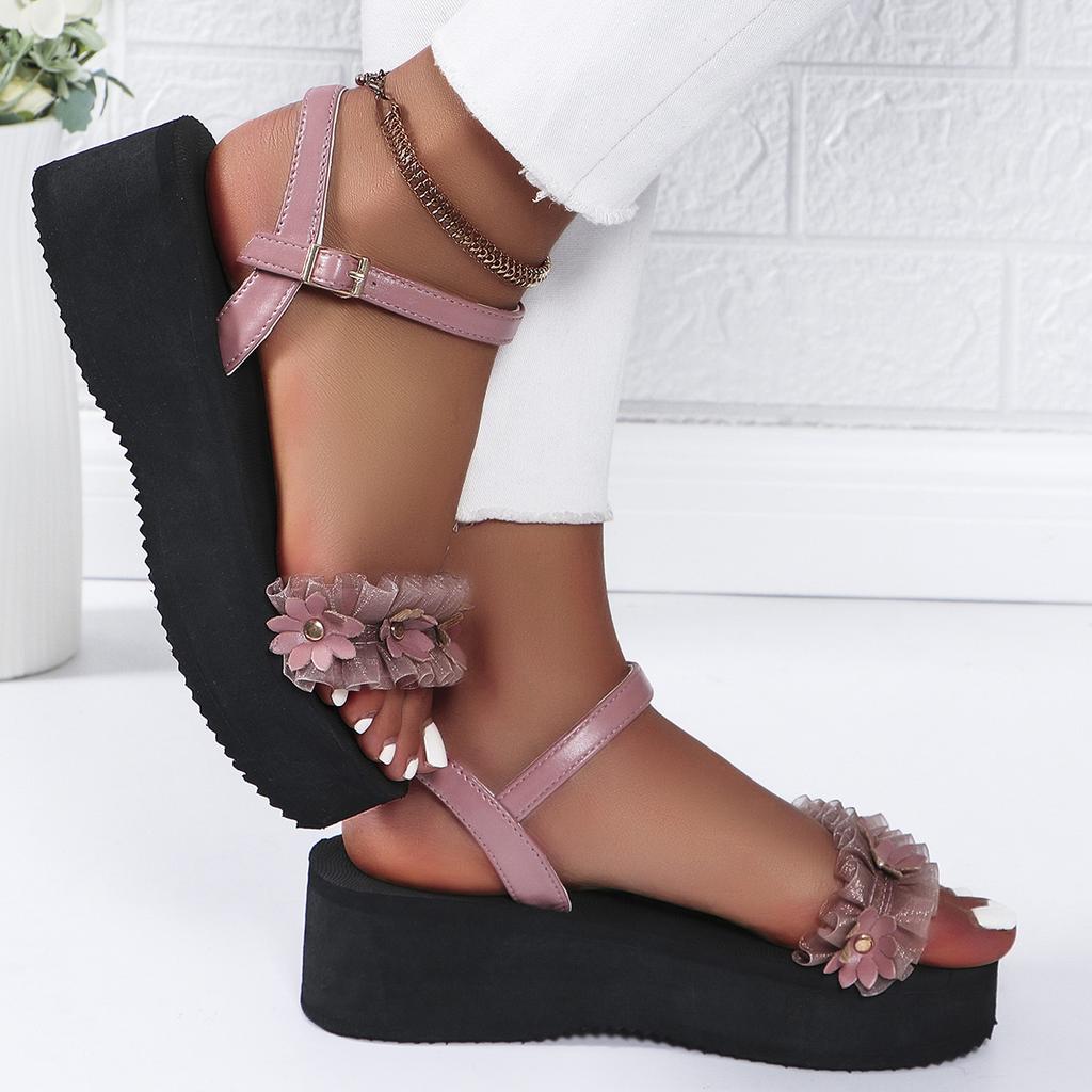 Women Sandals New Summer Chunky Platform Shoes Women Soft Leather Medium Heels Sandals Women Floral Cutout Beach Sandals