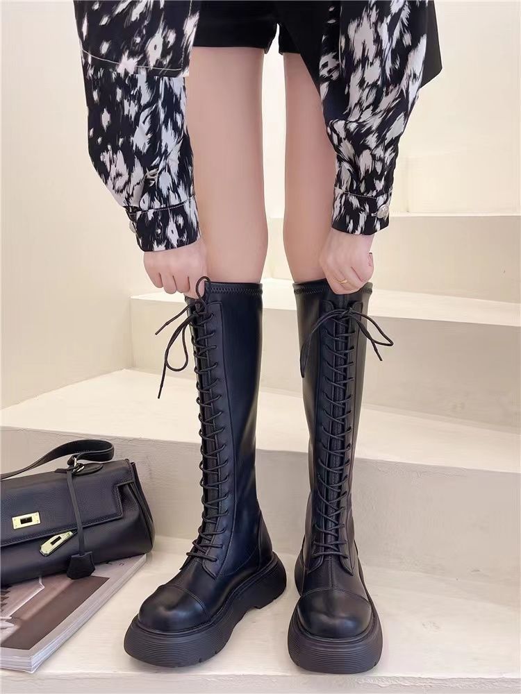 Ботинки Женские Ботинки Рыцаря 2025 Осень и Зима Новые Белые Ботинки на Платформе Толстые Ноги Шнуровка Высокие Ботинки Мартин