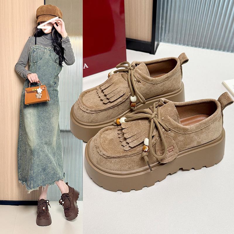 2025 Retro Round Head Lace-up Women's Shoes British Style Platform Versatile Small Fringed Loafers Women's Single Shoes Trend