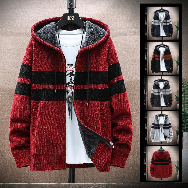 Autumn and Winter Men's Sweater European and American Hooded Cardigan Large Size Knitted Thickened Plush Sweater