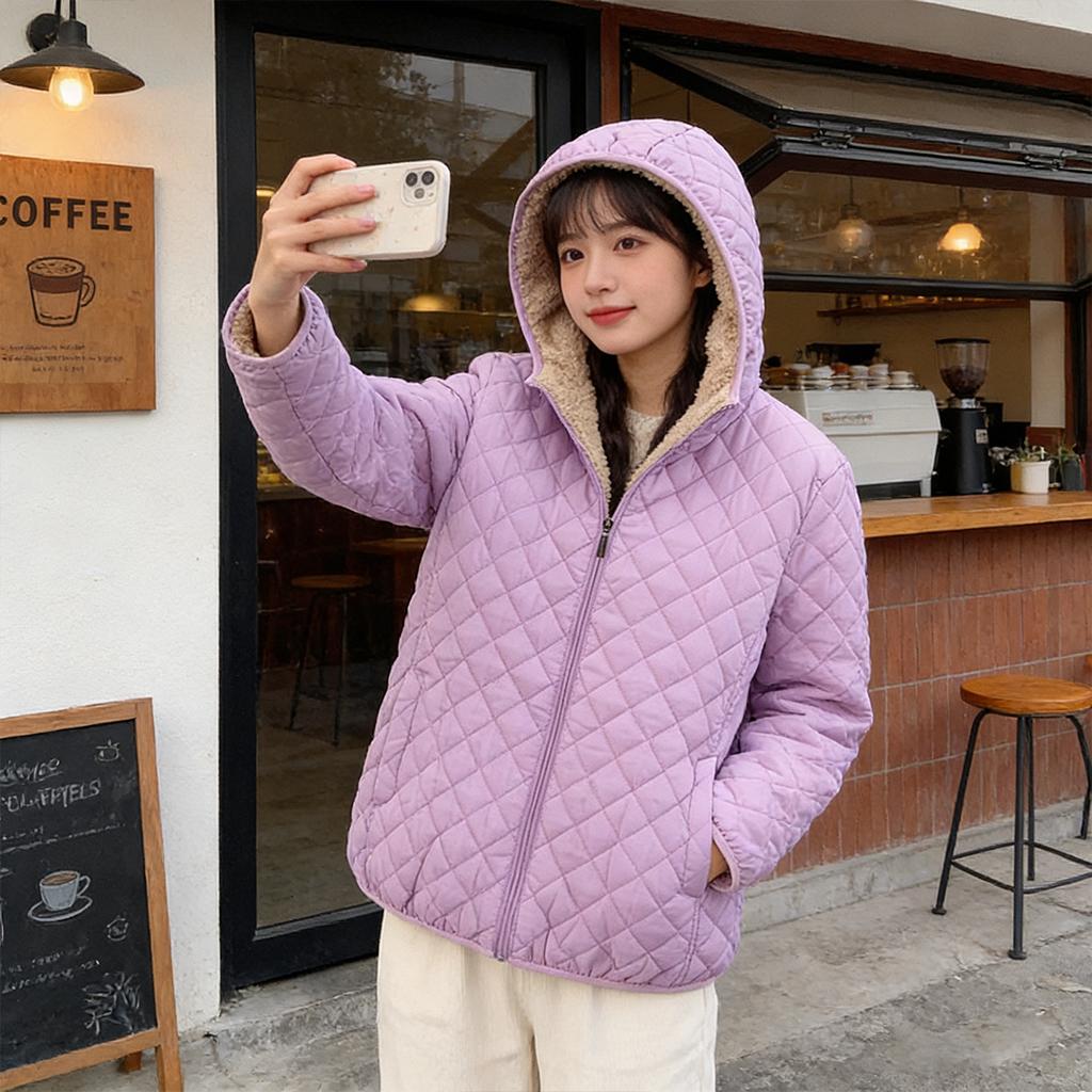 Теплая хлопковая куртка на подкладке Женская большого размера Узкое пальто С капюшоном из овечьей шерсти Застежка Плотная Повседневная Модная Однотонная Верхняя одежда