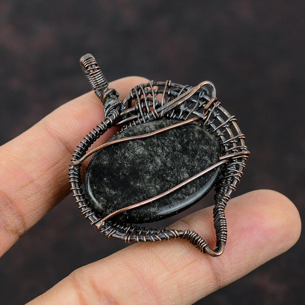 Серебряный блестящий обсидиановый кулон, обернутый медной проволокой, натуральный драгоценный камень, ювелирное изделие ручной работы, обернутый медной проволокой, ювелирное изделие в подарок для матери