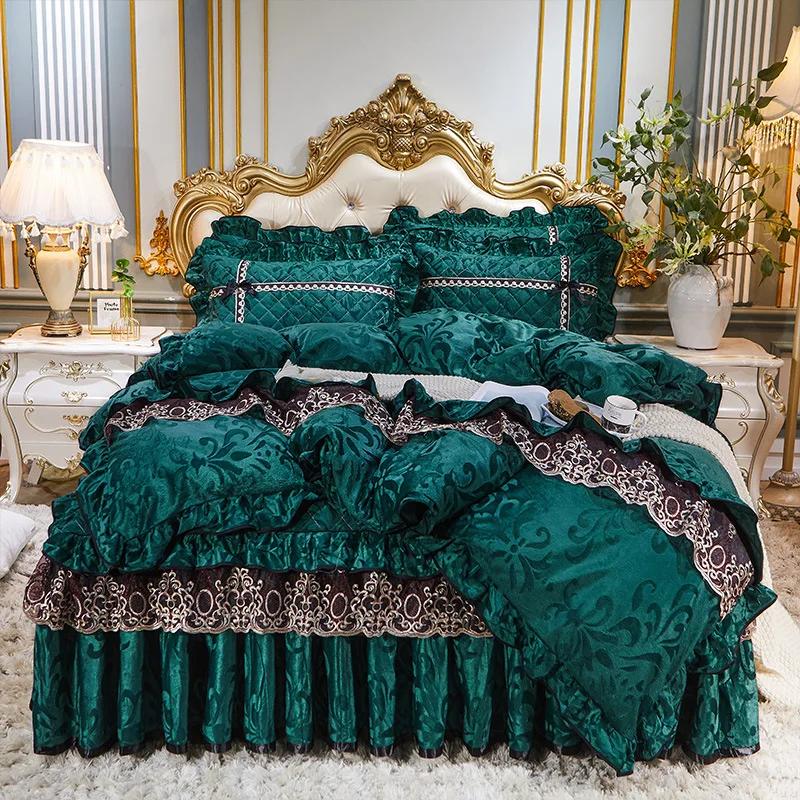 Осенне-зимние бархатные кружевные юбки-кровати из плотного хлопка с зажимом в европейском стиле, покрывало, матрас, противоскользящий защитный чехол, постельные принадлежности