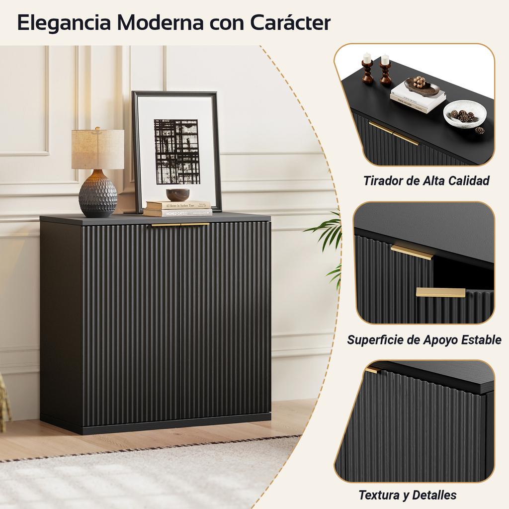 Modern Storage Cabinet with Fluted Front and Metal Handle, Sideboard Cabinet for Living Room & Bedroom, Natural Light Wood Decor, Black, 60x30x70 cm