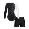 Girls Long Sleeve Gymnastics Leotard Unitard with Shorts 2 Piece Outfits Ballet Dance Bodysuit Biketard Dancewear