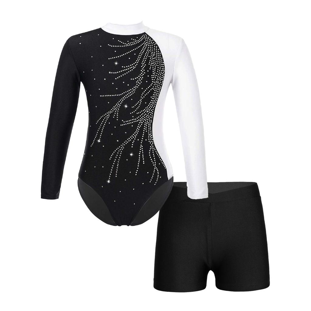 Girls Long Sleeve Gymnastics Leotard Unitard with Shorts 2 Piece Outfits Ballet Dance Bodysuit Biketard Dancewear