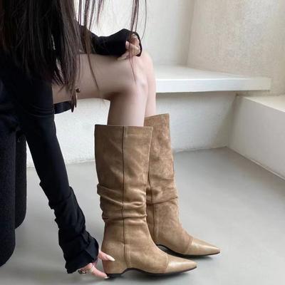 Женские рыцарские сапоги 2025 осень и зима новые сапоги с высоким голенищем на толстом каблуке, ретро замшевые плиссированные сапоги-чулки, высокие сапоги