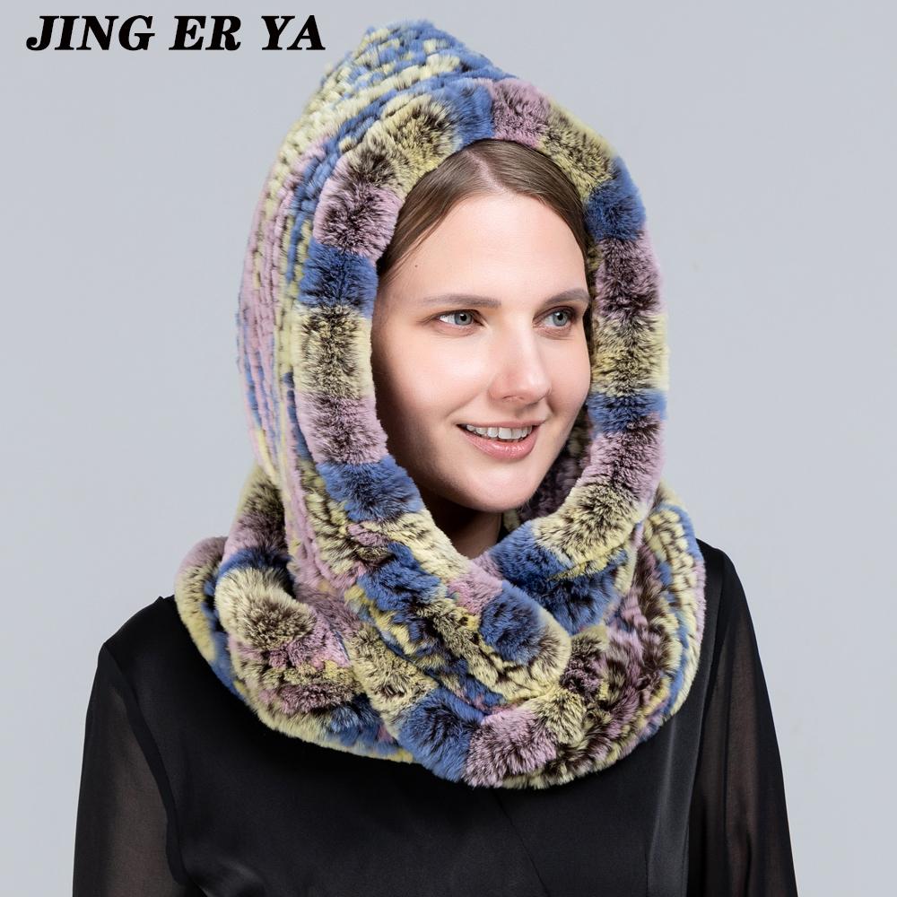 JINGERYA новая женская вязаная шапка с мехом кролика рекс, шарф с капюшоном, длинная зимняя теплая меховая шапка с шейным воротником, шарфы, шапка, шарф