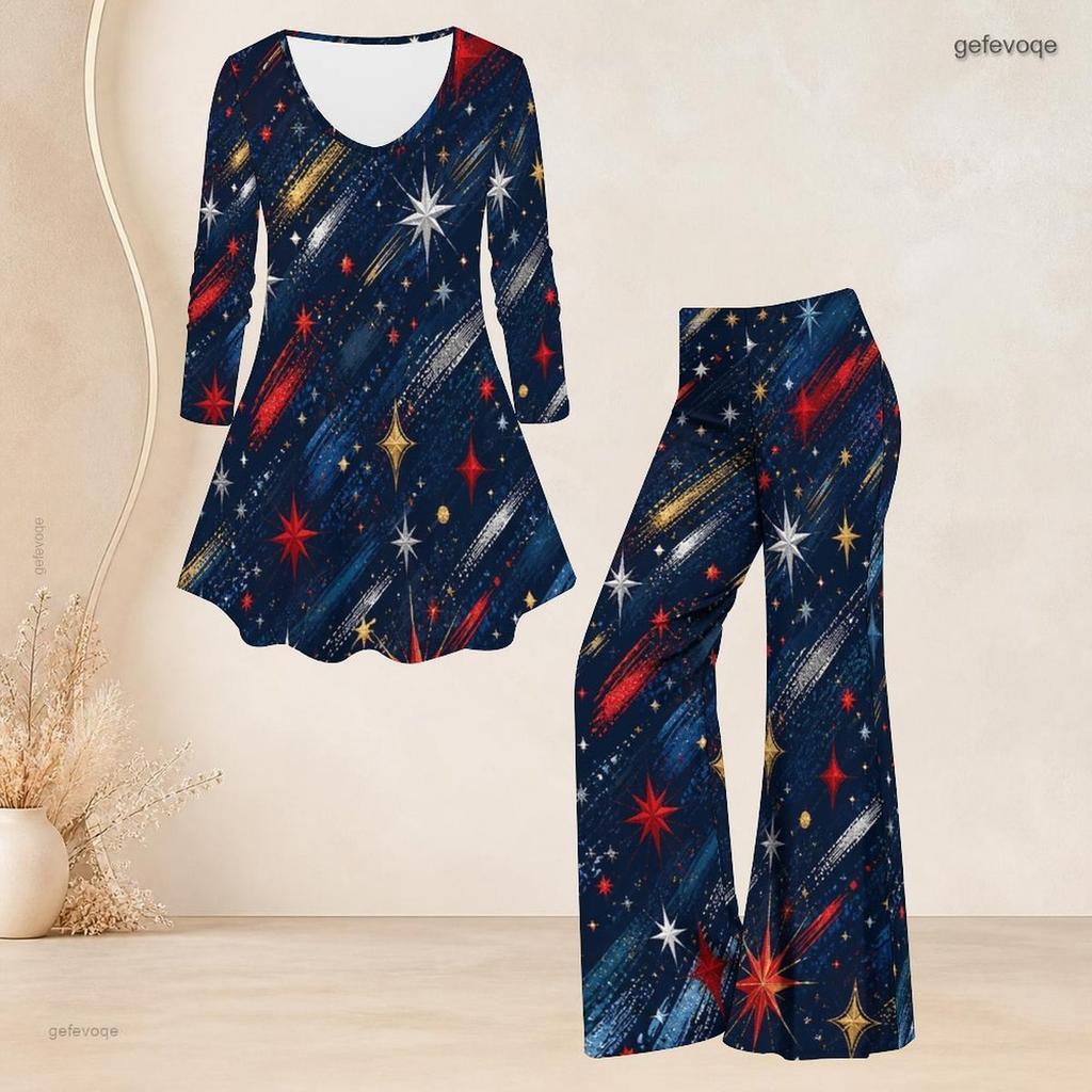 Women Plus Size Two Piece Set V Neck Long Sleeve Star Printed Flared Top And Flared Pants White Red Blue