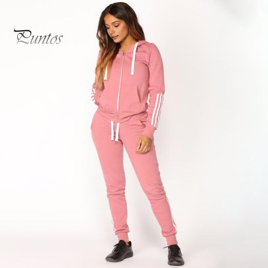 2 Pcs/Set Women Hoodie Pants Suit Hooded Long Sleeves Solid Color Zip-up Coat Elastic High Waist Ankle-banded Trousers Sport Fall Winter Tracksuit