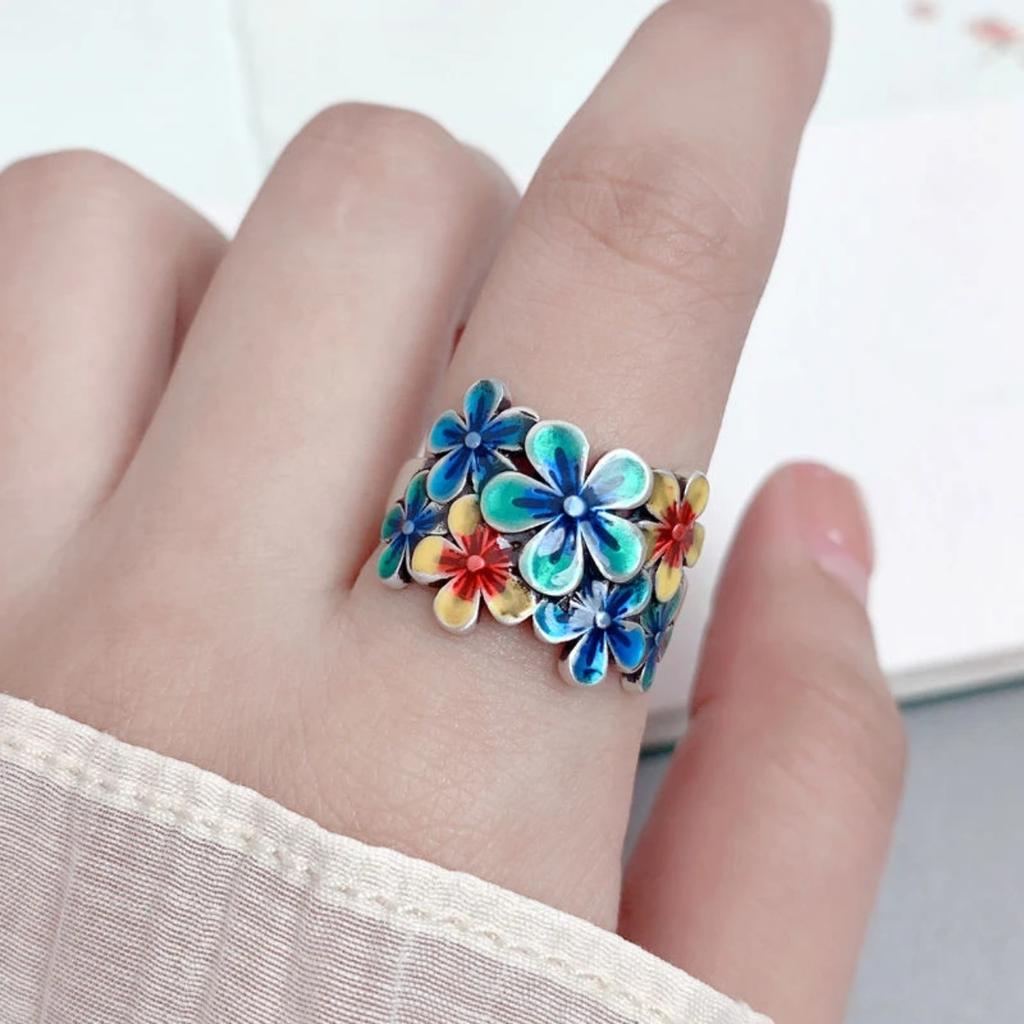 Ретро китайское кольцо клуазоне с цветком для женщин, панк, готика, винтажное открытое кольцо, ручная работа, дизайнерское, циркон, унисекс аксессуары