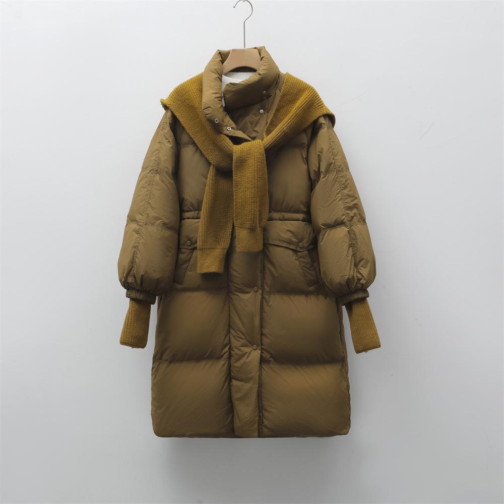 Перо Белый утиный пух Зимнее новое свободное пальто средней и длинной длины с капюшоном и съемной вязаной шапкой Пуховик женский