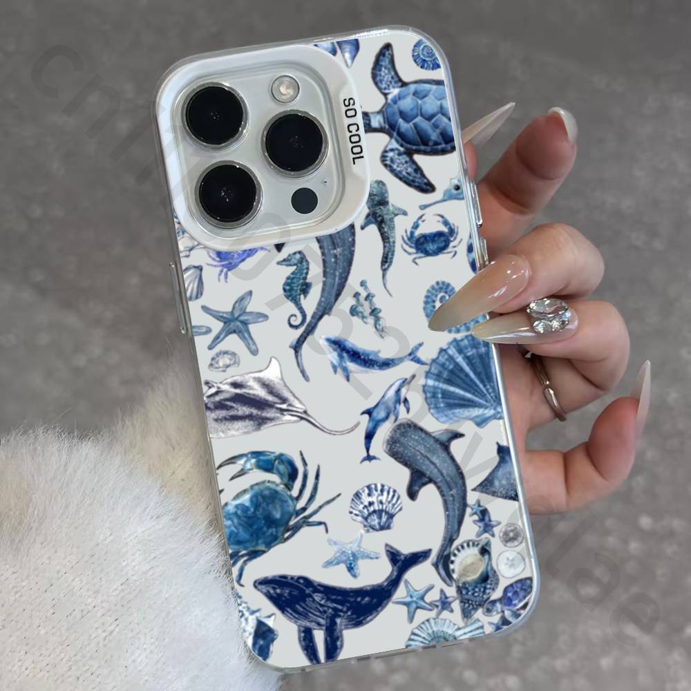 Морские Животные Морские Элементы IMD Чехол для iPhone 17 16 15 14 13 12 11 Pro Max air plus Ударопрочный Покрытие Матовый ТПУ Funda