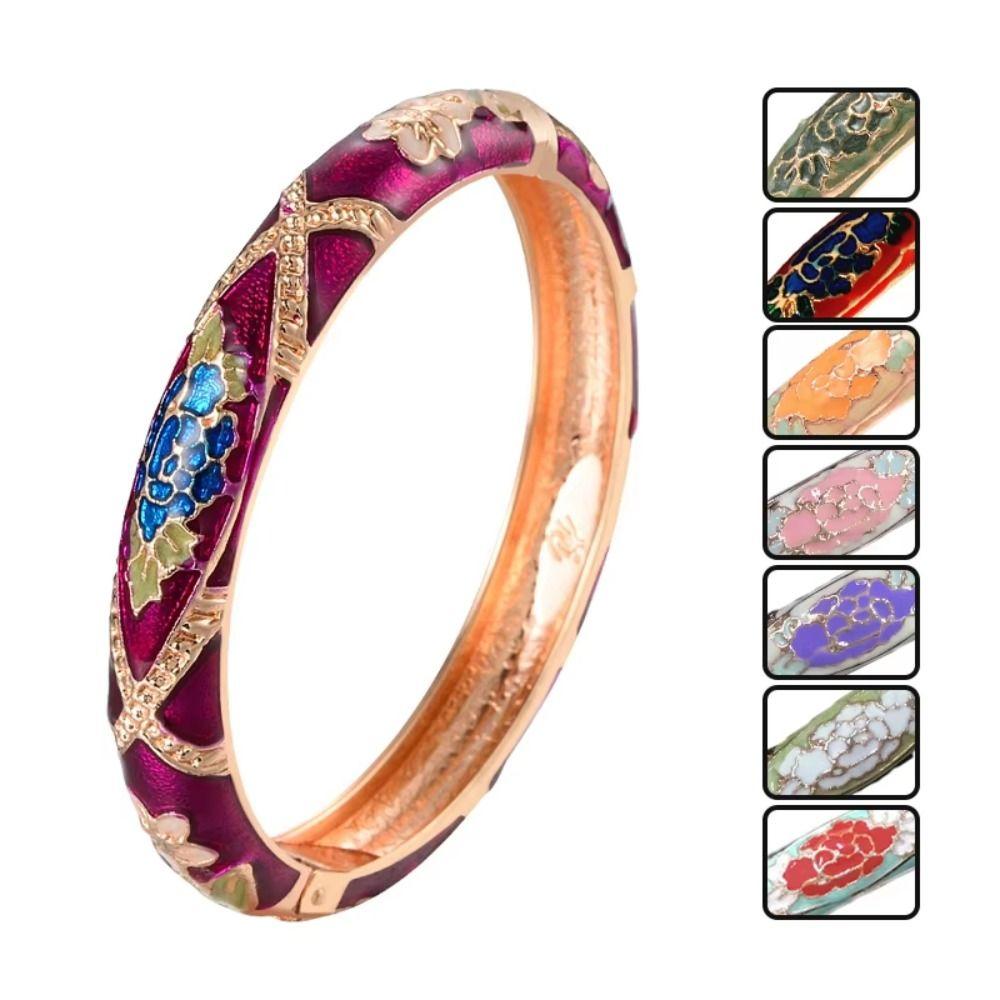 Traditional Hollow Out Flower Bangle Chinese Women's Hand Bracelet Vintage Cloisonne Bangle Girls