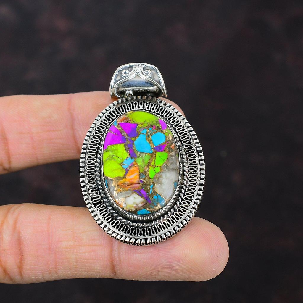 Подвеска Fiesta Kingman с бирюзой, мультимедная подвеска с бирюзой и драгоценными камнями, подвеска из стерлингового серебра 925 пробы, винтажная подвеска ручной работы, свадебный подарок