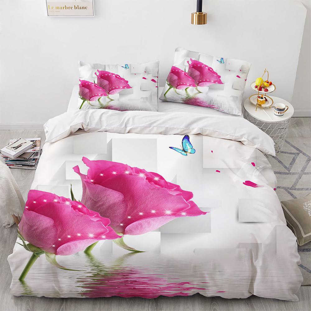 Rose Duvet Cover Set 3D Printed Romantic Theme Flower Bedding Set Valentine's Day Twin Polyester Comforter Cover With Pillowcase