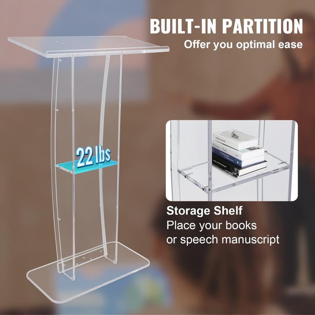 Acrylic Podium, 47" Tall, Clear Acrylic Podium Stand with Wide Reading Surface & Storage Shelf, Floor-standing Clear Pulpits Acrylic for Church Office