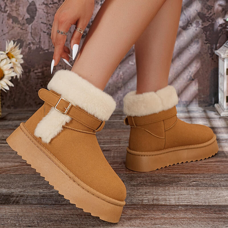 Soft Non Slip Thick Bottom Furry Snow Boots Women 2025 Winter Warm Fluffy Fur Ankle Boots with Platform Metal Buckle Plush Shoes