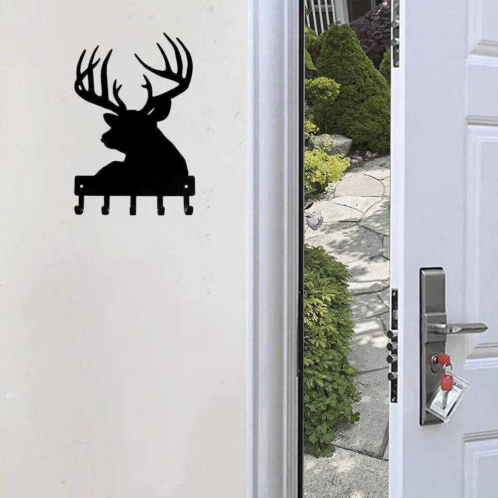 Вешалка для ключей в виде головы оленя - настенное искусство из металла шириной 6/9 дюймов с настенными крючками для хранения ключей и пальто
