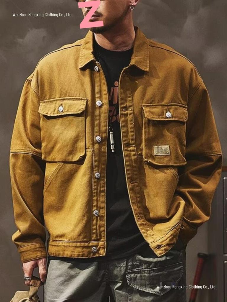 Men's Retro Heavyweight Denim Hunting Workwear Jacket - Loose Fit for Spring and Autumn