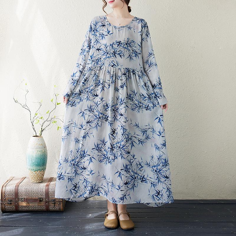 Осеннее хлопковое конопляное платье с круглым вырезом, свободного размера, с длинным рукавом, для женщин, винтажные платья в стиле бохо