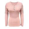Women Top Slim Fit Button Closure Round Neck Hollow Out Lace Patchwork Long Sleeve Stretchy Solid Color Soft Pullover Lady T-shirt