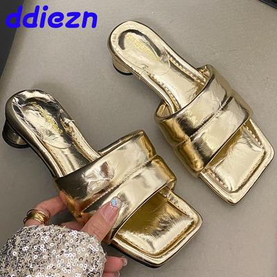 Мода Мода Круглый Каблук Женские Тапочки Сандалии Обувь Повседневные Летние Новые 2024 Женские Слайды Тапочки Женская Золотая Обувь