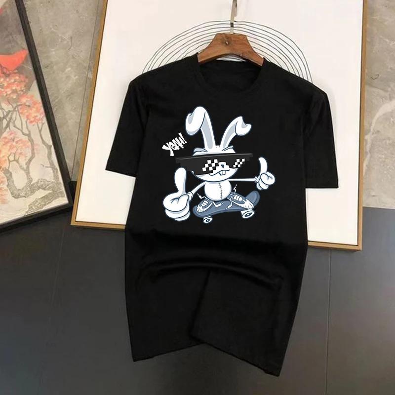 Мужская футболка из чистого хлопка с забавным графическим принтом, модная футболка с кроликом, уличные топы, уличная одежда 2000 года, мужская футболка класса люкс