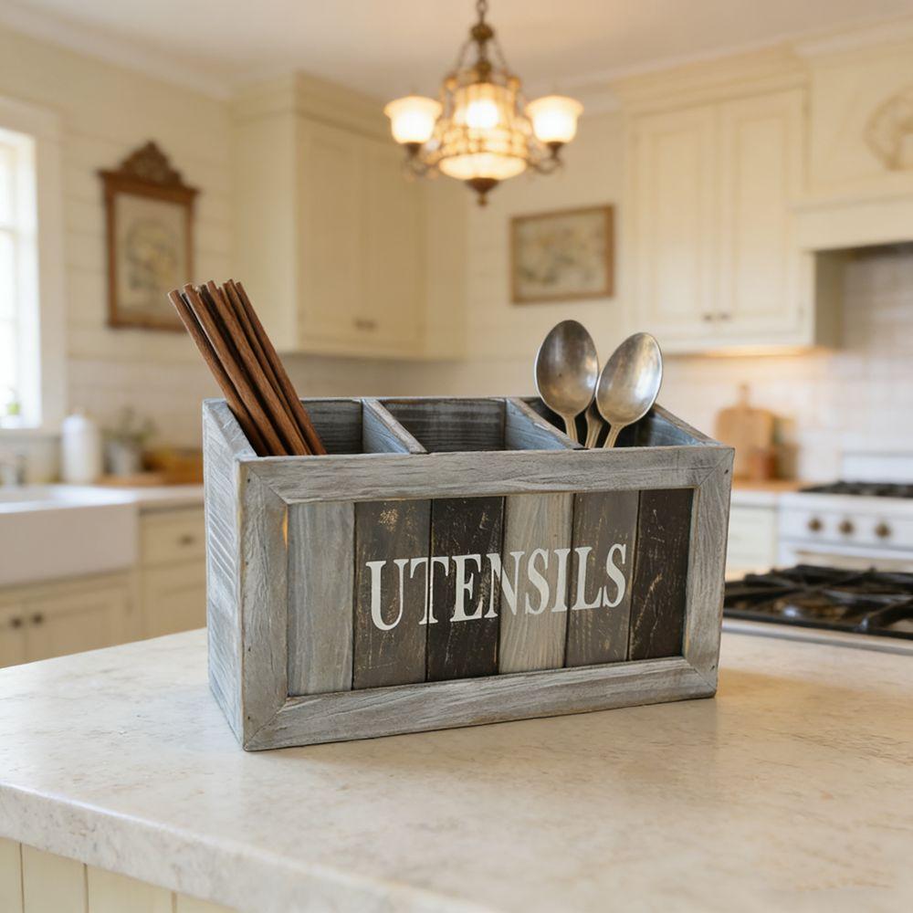 Vintage Solid Wood Storage Box 3 Grids Forks Spoons Box Durable Tableware Storage Box Cabinet