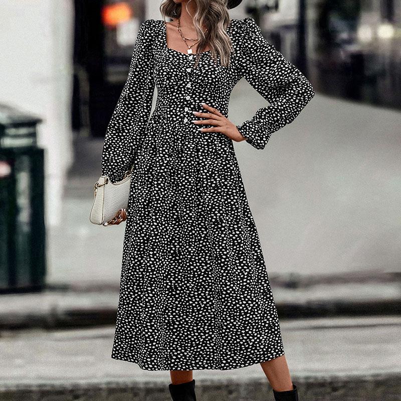 Летнее платье с принтом, женское трапециевидное повседневное хлопковое платье с рукавами-бабочками и длинными рукавами с отложным воротником до середины икры