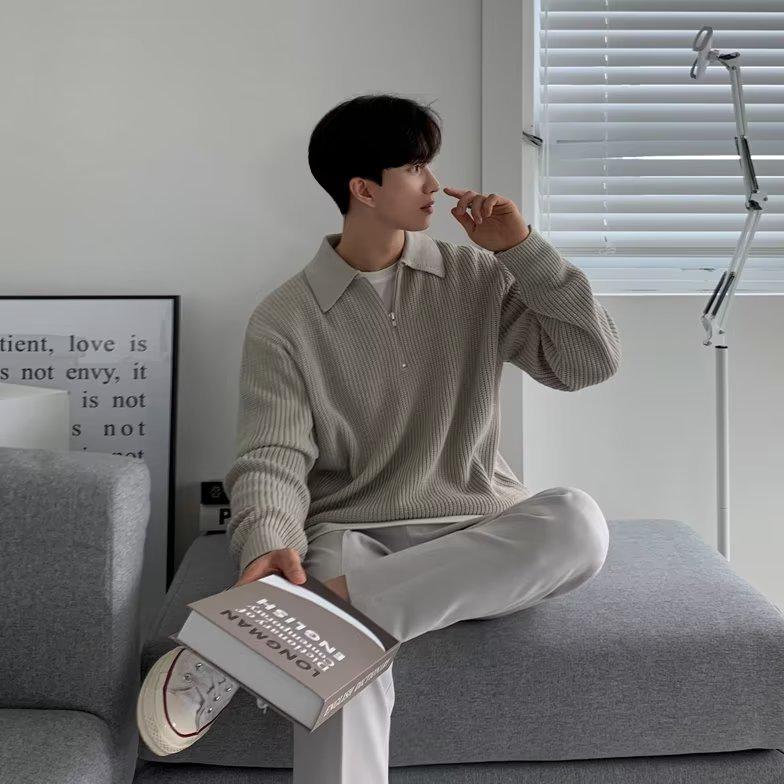 Мужской высококачественный повседневный свитер в японском стиле с полумолнией и лацканами на осень/зиму